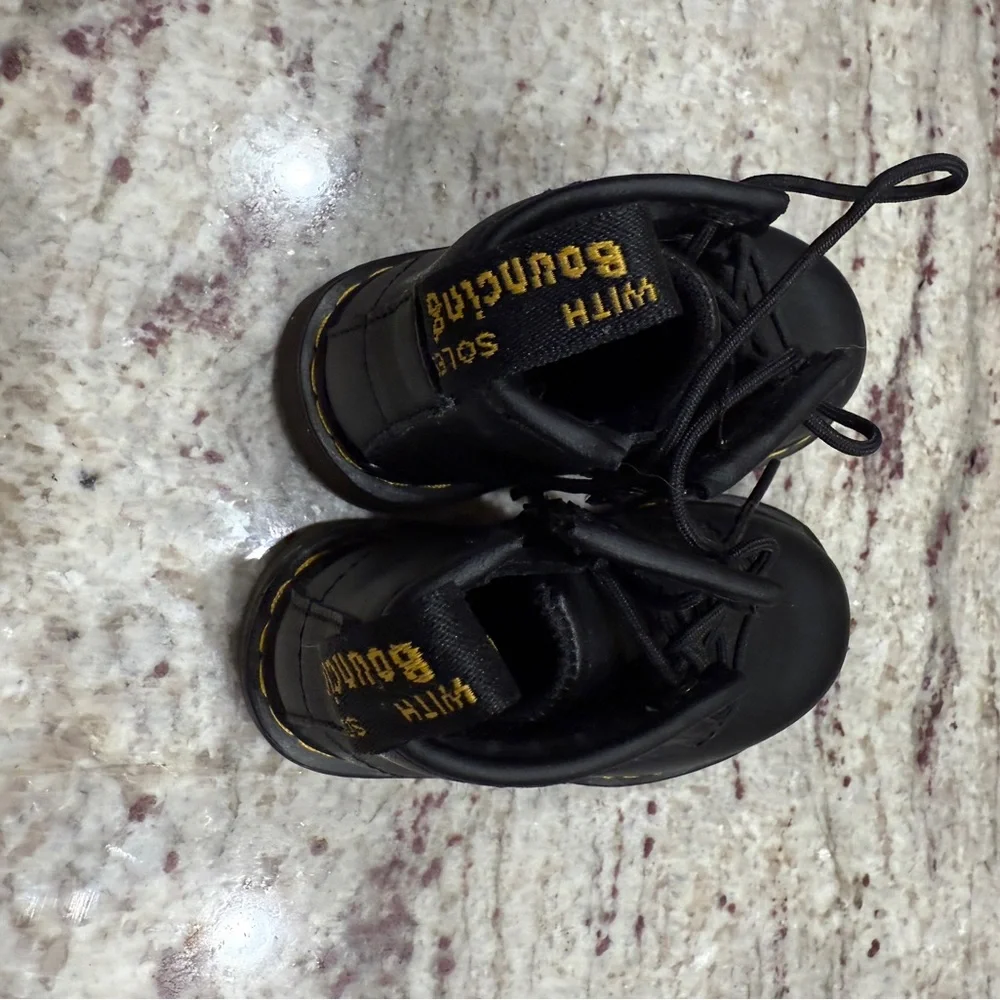 Kids Doc Martens Black Lace-Up Leather Boots with Yellow Stitching